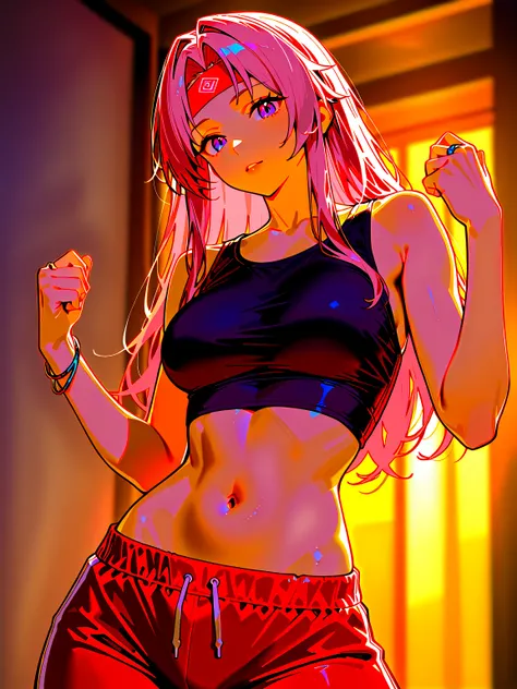 Full shot, general view, beautiful young girl in action with a ninjaku. break/, accessory: bracelet, ring on her fingers, break/Detail: she has long blond and pink and purple hair 1.2,
break/Clothing detail: she wears a headband on her forehead ((karate  M...