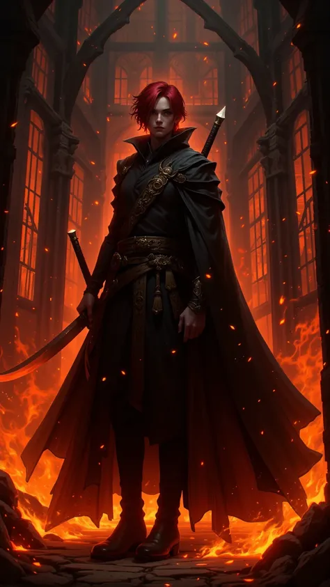  Shanks is a tall and impressive character， red hair and flowing black cloak ， Shanks raised unsheathed sword ， surrounded by indoor flames 。Scene full of light particles ，ruins， window frames and orange-themed ashes 。