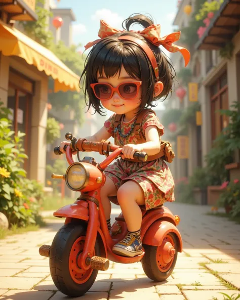 petit girl , riding a tricycle , bob cut , undercut , sunglasses , ribbon hair tie , smile