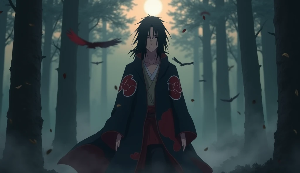 A cinematic scene shows Itachi Uchiha standing in the middle of a dark and foggy forest. He wore a black Akatsuki robe with a red cloud pattern, fluttering gently in the wind. The faint moonlight highlighted his calm and mysterious face, while the Sharinga...