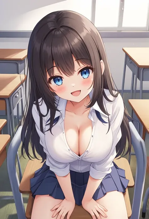  1 girl， medium length hair ， dark hair ， blue eyes，Big breasts(d),breasts out，Cleavage， happy ，classroom， with long white hair sits on a chair，Smile，School uniform skirt， without underwear，