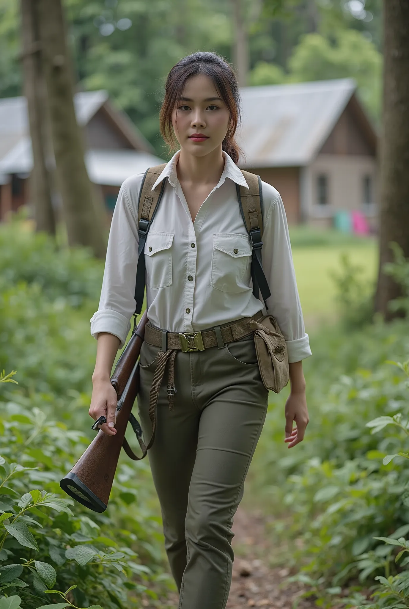 Thai beautiful actress, wearing Hiking outfit, white shirt, holding hunter riffle, walking in local village in primeval forest, action from movie