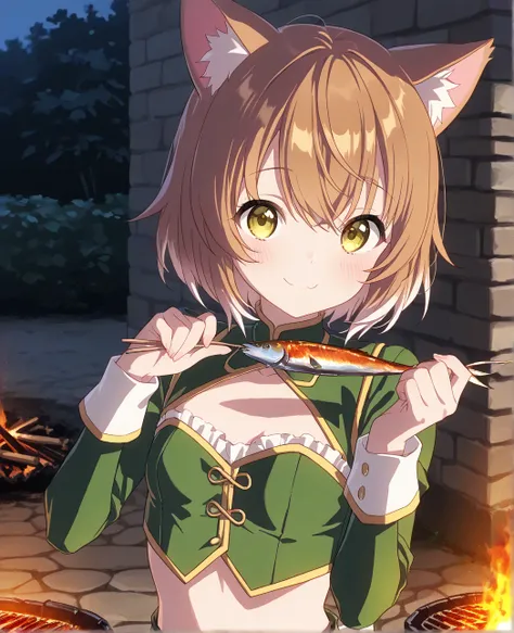 very awa, masterpiece, best quality, newest,  highres, absurdres、 fantasy world 、 There is only one 、 nap cat、 nap cat 　vtuber、Cat girl、 short hair、Reddish brown hair、Cute single tusk、 very small breasts、 thin body、 Read more、 Green costume、Riverside、Bonfi...