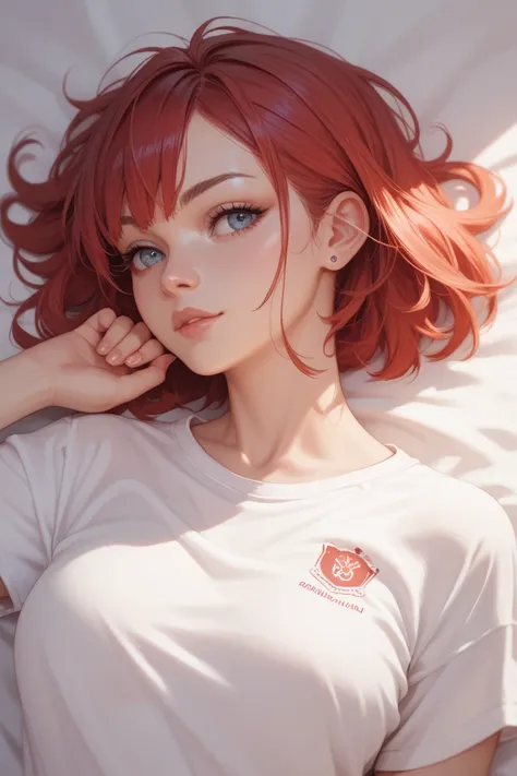 Make a girl with only white shirt and no pants with short pinky red hair