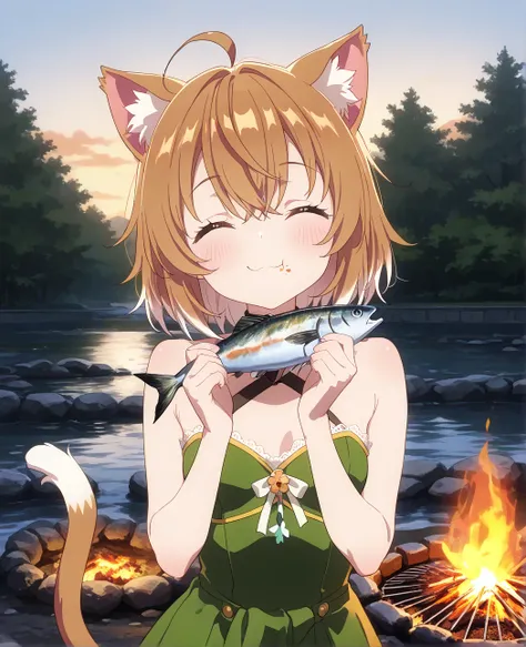 very awa, masterpiece, best quality, newest,  highres, absurdres、 fantasy world 、 There is only one 、 nap cat、 nap cat 　vtuber、Cat girl、 short hair、Reddish brown hair、Cute single tusk、 very small breasts、 thin body、 Read more、 Green costume、Riverside、Bonfi...