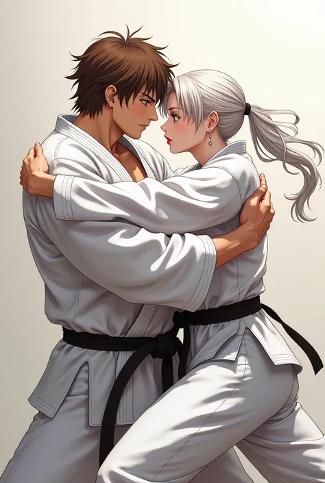 Sexy hot brown haired anime boy with medium hair in white karate gii fighting sexy white haired girl with tied hair in white gii, white haired girl pinned to the wall violently