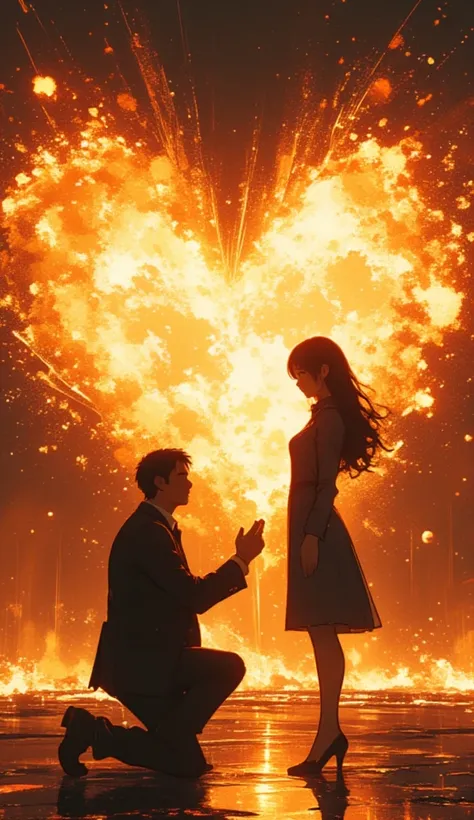 a man kneels down in front of a girl, proposing to her. behind the couple, is an explosion in the shape of love. the couple are secret agents, they both are wearing suits.