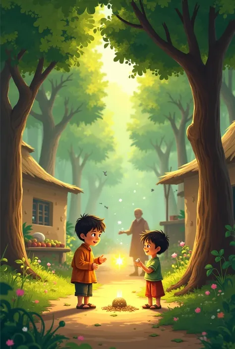 Here are the prompts for each scene’s background images:

Scene 1: علی جنگل میں کھیل رہا ہے

"A bright and lush green forest with tall trees, colorful flowers, and a soft grassy ground. Sunlight filters through the leaves, creating a magical glow. A young ...