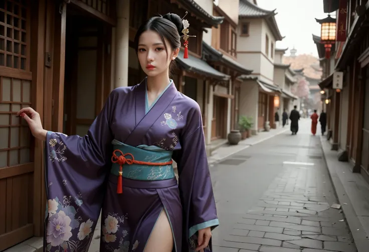 A Japanese woman in a kimono is standing in a narrow alley, palace ， a girl in Hanfu, white Hanfu, Hanfu,  kimono, Japanese style,  ancient Chinese clothing , Silkscreen in a purple kimono  ,  Japanese kimono, Carafe woman wearing old Chinese clothes , Chi...