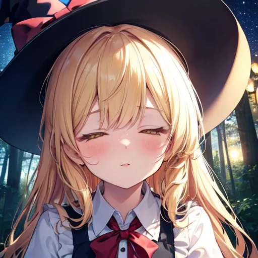 ( Masterpiece,  top quality:1.2),  extremely detailed,   soft ambient lighting ,  sharp concentration, 4K, Destroy Kirisame Marisa ,  1 girl,   blond hair,  witch hat ,  yellow eyes,  long hair, vest,  apron, bow,  SHORT SLEEVE, hat bow,  braided,  puff sl...