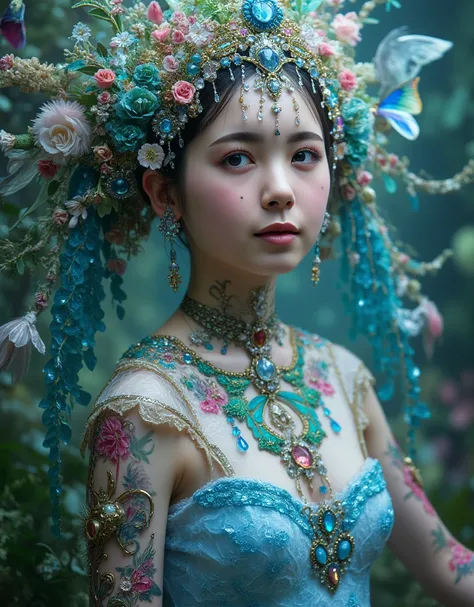 Image of girls loved by flowers, indescribable beauty, beautiful, ethereal, electrical effects, her skin has chameleonic properties, cuttlefish and octopus, flowers earth butterflies' birds. you don't need clothes or jewelry or create them with the element...