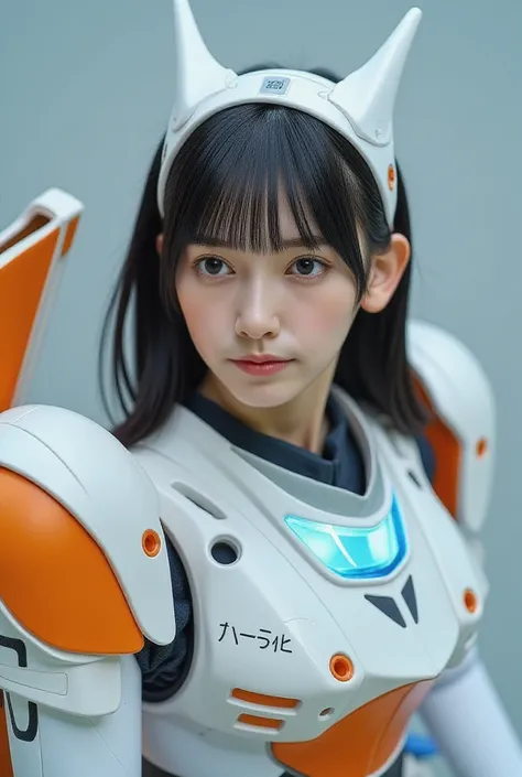 ８ｋ,Realistic skin texture、Superrealism、Realistic photo、A Japanese female pilot sits in the cockpit installed in the robot&#39;s chest.、Black Hair、Bobcut、Beautiful woman、White and orange combat robot、Sci-fi anime-like design、streamline、Beautiful and radiant...