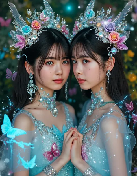 Image of 2 girls loved by flowers, indescribable beauty, beautiful, ethereal, electrical effects, her skin has chameleonic properties, cuttlefish and octopus, flowers earth butterflies' birds. you don't need clothes or jewelry or create them with the eleme...