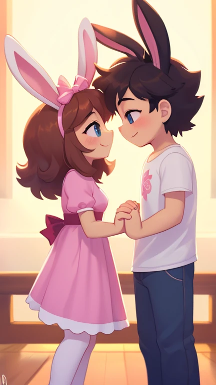 A romantic dance scene featuring Amirhossein Ajorlou (a human character) and Sara the Bunny (an anthropomorphic rabbit). Amirhossein gently holds Sara’s hands as they share a sweet moment together, looking into each other’s eyes. Sara wears a pink dress wi...