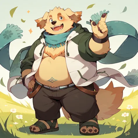  score_9,  score_8_ up,  score_7_ up,  score_6_ up,  score_5_ up,  score_4_ up,  source_cartoon, Together with Sith,  furry ,  anthro , dog,   golden retriever  ,  chubby, Fat,  scarf,  hoodie,  sandals on the skin,   pants,  looking at viewers,  smiles, s...