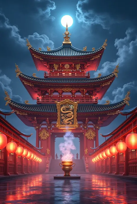  the smoke disappears into the night sky while drawing mysterious swirls {x} The sanctuary of Lord Dragon God, which is said to have protected the sea of Yokohama since ancient times。 deep blue and purple night sky 、 、 creates a mystical atmosphere 。朱色と金色で...