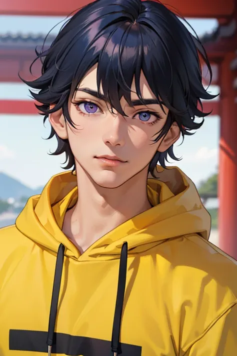 anime boy, handsome face, (face detail), dark blue hair, (hair detail), purple eyes, (ultra eye detail), wearing yellow hoodie, (clothes detail), (body detail), charming gaze, background of temple in japan, (background detail), (make clear and good picture...