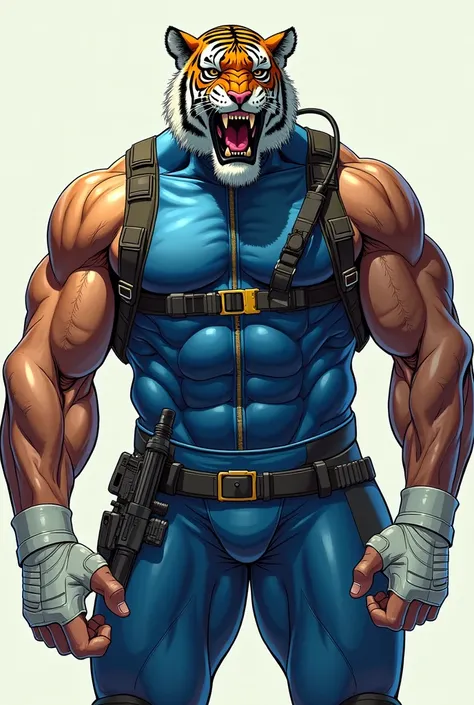 (A rugged beefy extremely muscular bulky old man), (wearing blue fully-zipped fullbody wetsuit with short swimming pants that show his muscular thighs), (wearing realistic roaring tiger mask), thumbs up pose, wearing bulky harness, wearing bulky scuba gear...