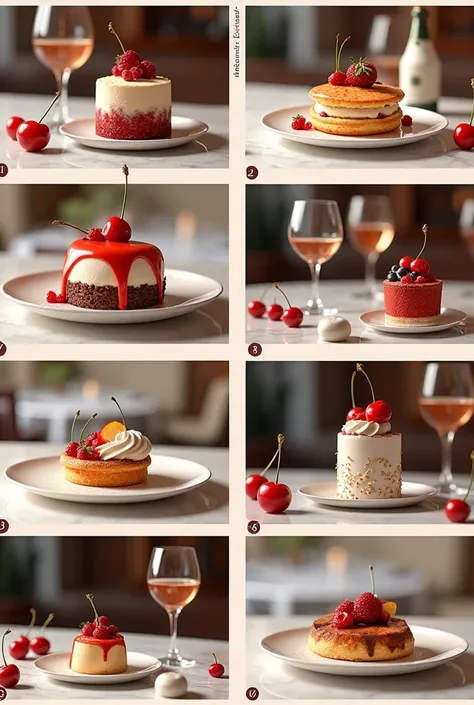  A collage of 6 images .  Hyperrealistic ,  3 d clarity of details ,  on each one - desserts, different glasses , wine,     of different colors and  ,restaurant chic ,  beautifully designed . Decorate each with the theme of early spring . land....  Luxury ...