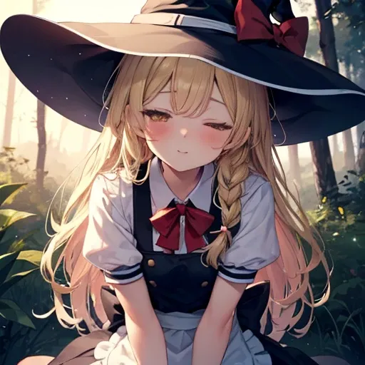 ( Masterpiece,  top quality:1.2),  extremely detailed,   soft ambient lighting ,  sharp concentration, 4K, Destroy Kirisame Marisa ,  1 girl,   blond hair,  witch hat ,  yellow eyes,  long hair, vest,  apron, bow,  SHORT SLEEVE, hat bow,  braided,  puff sl...