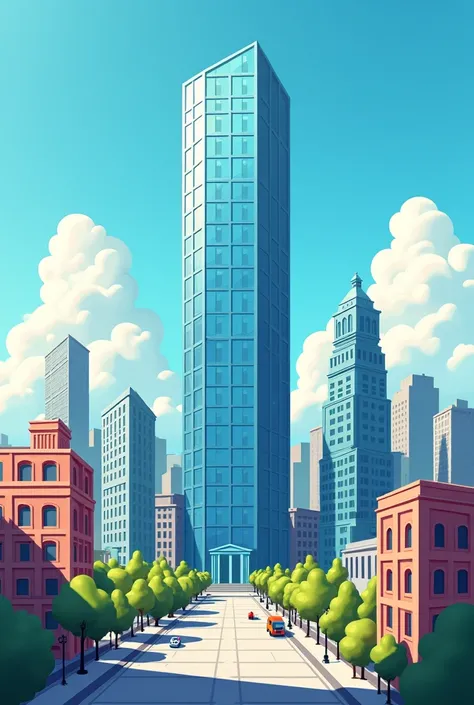 Make a buildings that looks like in a city, then there's a big tall building that looks like a company, make it like for cartoon but don't make it too dy type