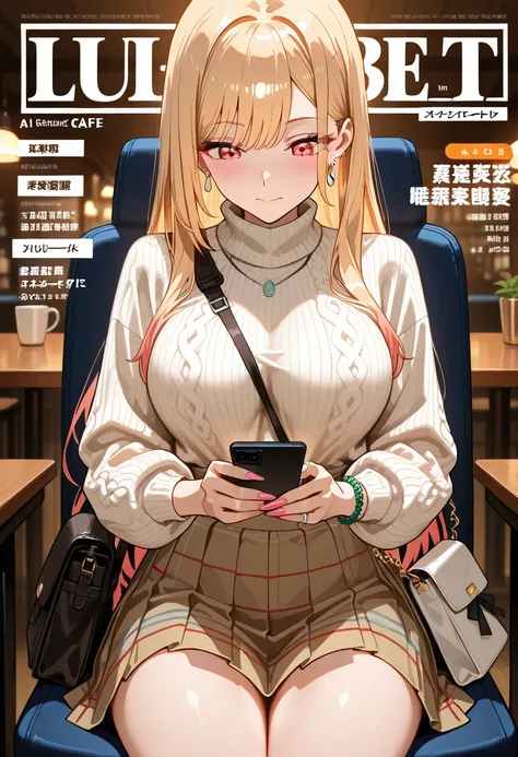 Marin Kitagawa, seated at an indoor café table, gently placing her smartphone onto the tabletop, body slightly angled away from the camera, looking down at the phone with a mild, thoughtful expression, long sleek blonde hair softly cascading, light pink om...