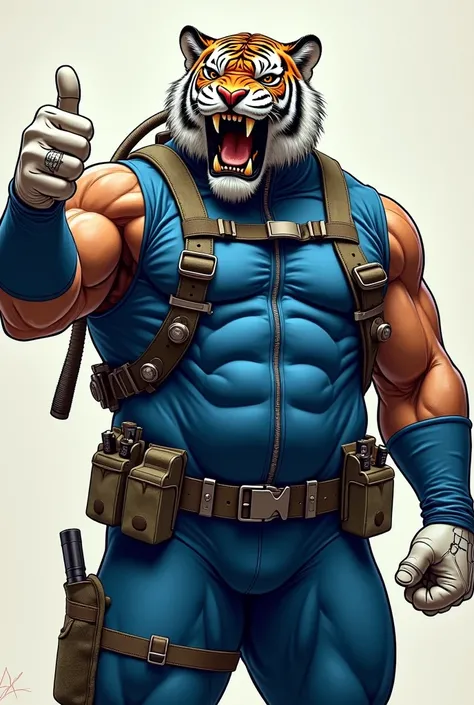 (A rugged beefy extremely muscular bulky old man), (wearing blue fully-zipped fullbody wetsuit), (wearing realistic roaring tiger mask), thumbs up pose, wearing bulky harness, wearing bulky scuba gear, muscular physique, toned muscles, fierce, heroic, acti...