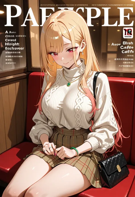 Marin Kitagawa, sitting at a snug indoor café booth, briefly gathering her hair as if to fix a loose ponytail, body angled diagonally away from the camera, looking down with a soft, neutral focus, long loose blonde hair softly cascading, light pink ombre h...