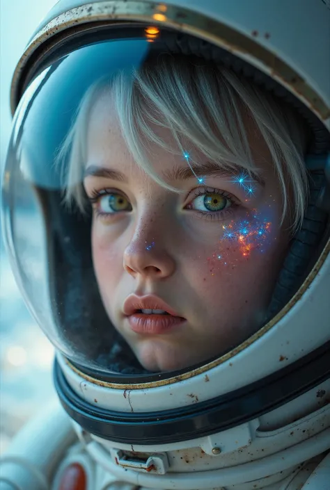 Close up of an enhanced masterpiece:1.5)0.9]، (Space and astronauts:1.2) (messy silver hair:1.1) (Heterochromia: yellow and blue eyes:1.2) (space helmet:1.0) (Colorful stars in the eyes:1.0) (radiant glow:1.1) ( full lips:0.9)