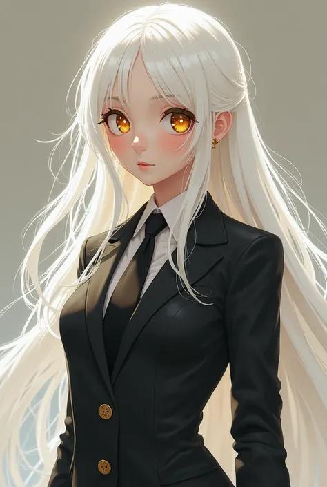 Create me a 2D character, a grliegrle-style girl with long white hair and golden eyes in a suit