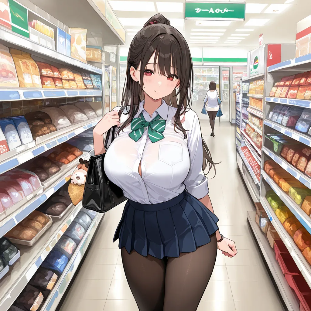 housewife　 micro mini skirt　　 shopping at a convenience store 　 black tights