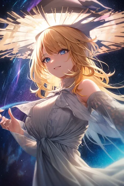 (Tabletop. Top quality). (Dynamic angles). ( CG painting with very impressive details ),(perfect image), comic strip. Shapes. 1 girl, Detailed face, Perfect face, delicate face,  (witch hat), Blonde hair, Long hair, Dress, Aurora, Night , stars ,  White dr...