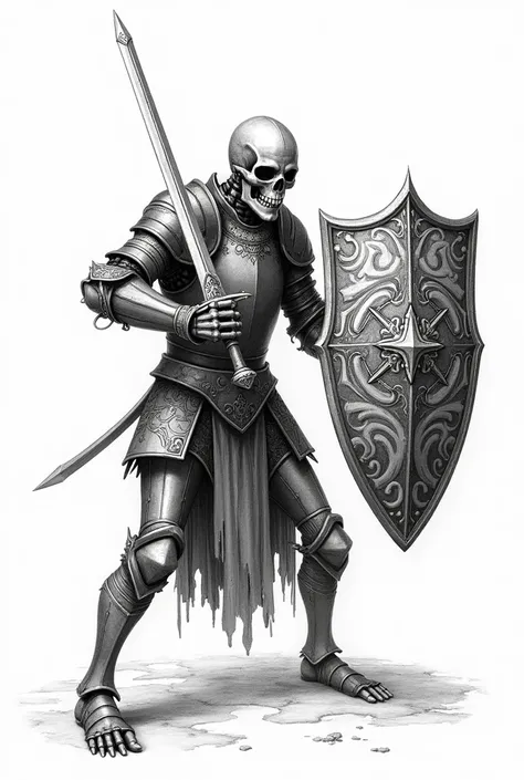 Attack Skeleton knight bring the sword and shield using engraving style with white background