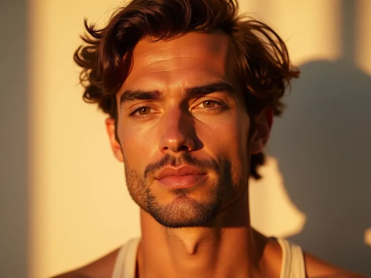 A male model with a radiant golden hour glow, featuring soft bronzer and luminous highlighter. His summer makeup look is fresh, natural, and effortlessly stylish, emphasizing his flawless complexion under warm lighting. 