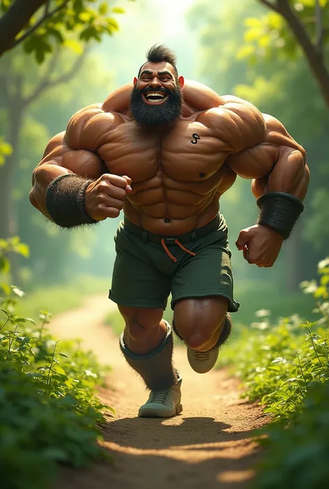 Create a giant smiling muscular with a little  in his chest running in a wild green road in a sunny day