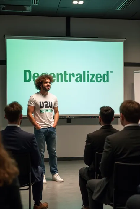 Decentralized Future: Alex, curly hair bouncing, white t-shirt with "U2U Network" boldly written in green, blue jeans and white sneakers on, telling his audience to envisions a decentralized future with "U2U network empowering communities, putting control ...