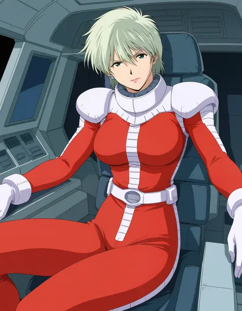 masterpiece, best quality, good quality,  1girl ,Alone,cowboy shot,standing,looking at viewer,(1990s \(style\):0.2), ainasahalim ,green hair,green eyes,short hair,lips,lipstick,large breasts,(smile:0.5),closed mouth,pilot suit, red suit、The background is c...