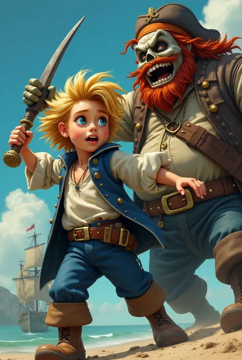 action scene Guybrush Threepwood, the brave hero who saves a young woman Elaine Marley from LeChuck, LeChuck undead zombie pirate captain with a big beard, a tricorn, a period costume and a corpulent figure, Guybrush is a young blond boy with blue eyes. He...