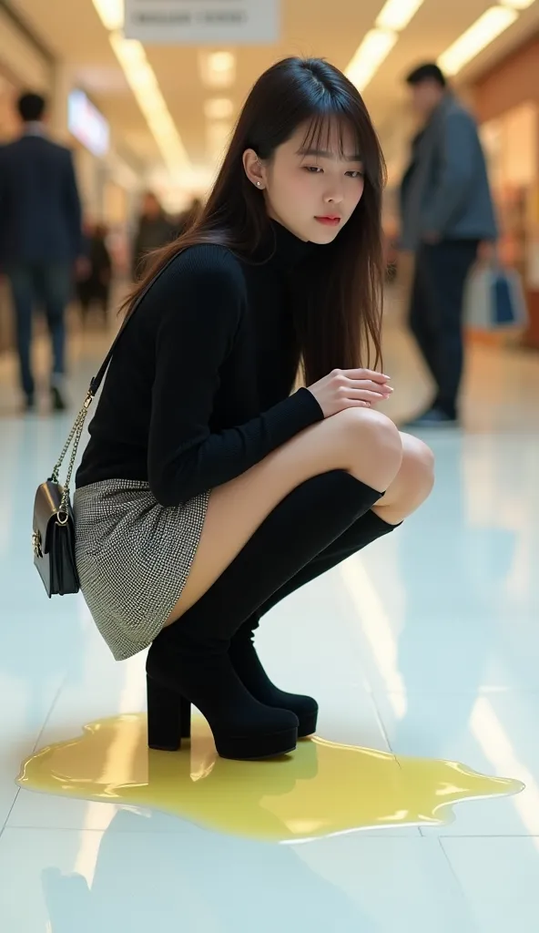  black turtleneck sweater, High Heels Black Suede Below Knee Length Platform Knee High Boots,Houndstooth Pattern Tight Mini Skirt with Pee Stains ,wet brown pantyhose, Black Hair Long Hair ,Korean Beauty,I'm hanging a mini bag over my shoulder ,しゃがんでUrinar...