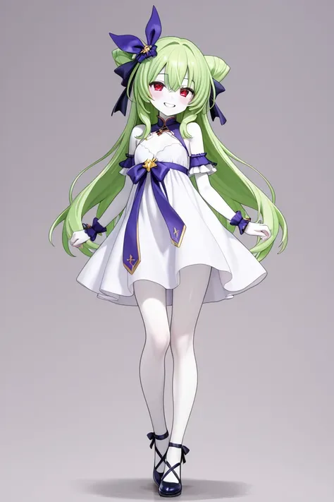  Full body anime girl,  long green hair , Iris violet ,  white skin,  slim body.  flirty look,  smiling. She finds herself wearing few clothes while waiting for her lover to have sex