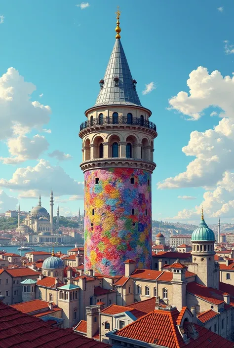 CREATE A PICTURE OF THE GALATA TOWER VERY PROFUSELY LET THE BOBBIN THREAD ON THE BODY OF THE TEXTILE 
