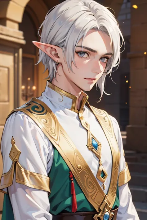 anime boy, handsome face, (face detail), white hair, (hair detail), light gray eyes, (ultra eye detail), elf style, (clothes detail), (body detail), charming gaze, elf castle background, (background detail), (make clear and good picture), (make 4k and 8k p...