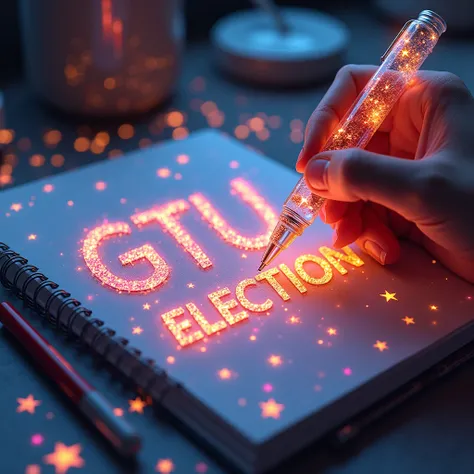 A mesmerizing, hyper-realistic 16K 3D illustration captures a magical moment of pure creativity. A talented artist is masterfully sketching a heartfelt message, " GTUJ ELECTION  " -- Jin -- Rm --Suga -- Jhope -- Jimin -- V -- Jungkook. ", in a notebook. Th...