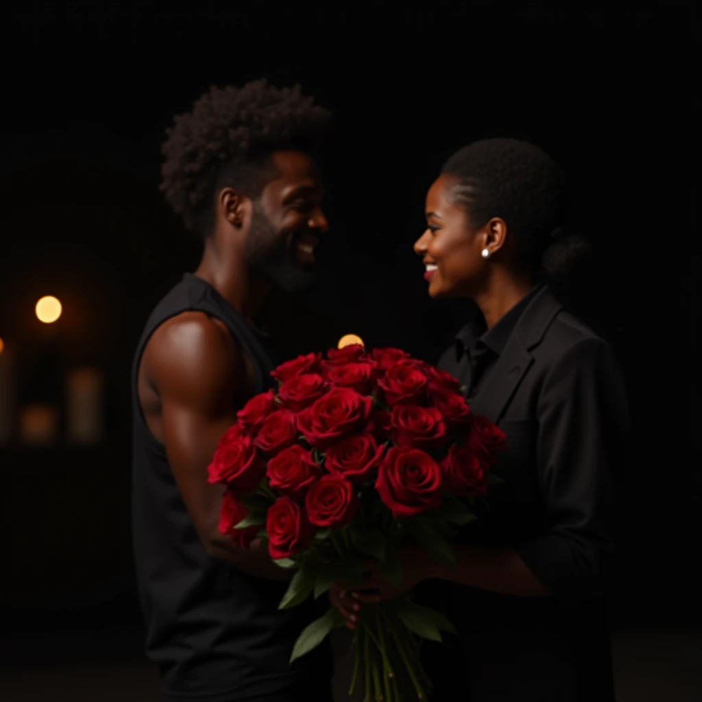 Generate an image of a black handsome man giving flowers to his clients for valentines. The roses must be red and the clients both men and women are very happy. the background must be black and behind is some candles