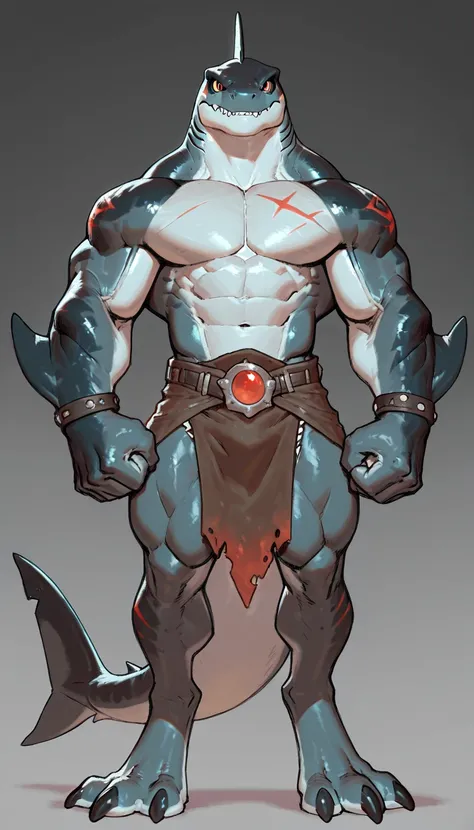 sharkman, anthro megalodon, darker hands and fins, black back, solo, big arms, bara, detailed skin, lizard shark hybrid, anthro, closed mouth, tribal, detailed shark skin, scalie arms, fins on arms, gray color body, beefy, thick scales on arms, digitigrade...