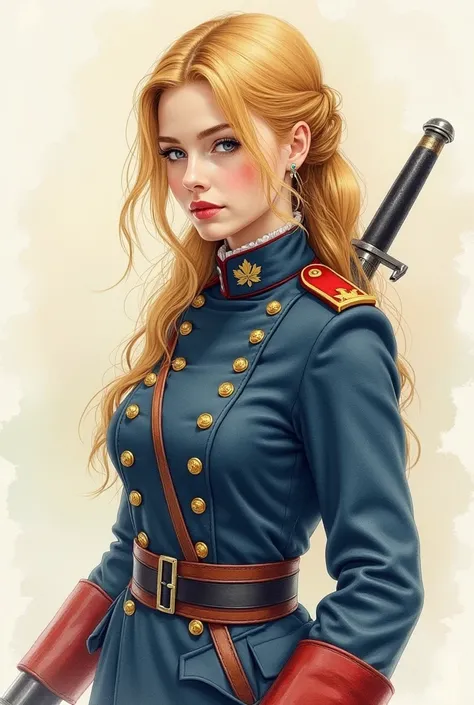 Watercolor。 Russian Girl 。 Her golden hair was high up ，Cossack Shashka emblem embroidered on dark blue military uniform， A military belt tied between the red and black chambers at his waist 。 A Cossack Shashka Army Knife with bent hands ， The blade reflec...