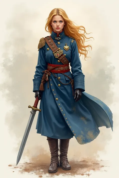 Watercolor。 Russian Girl 。 Her golden hair was high up ，Cossack Shashka emblem embroidered on dark blue military uniform， A military belt tied between the red and black chambers at his waist 。 A Cossack Shashka Army Knife with bent hands ， The blade reflec...