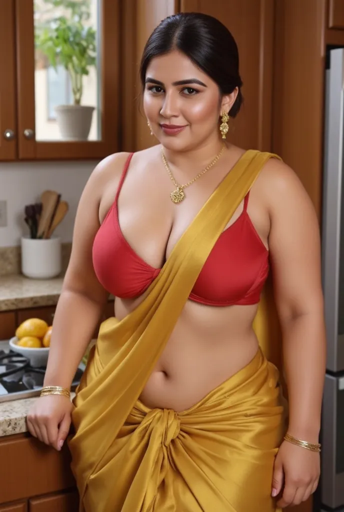 sexy indian woman in sari posing in kitchen with a stove, a picture inspired by Ambreen Butt, reddit, arabesque, indian goddess, indian, curvy model, with a seductive smile, angelawhite, beautiful thick female, gorgeous woman, thick body, voluptuous and ar...