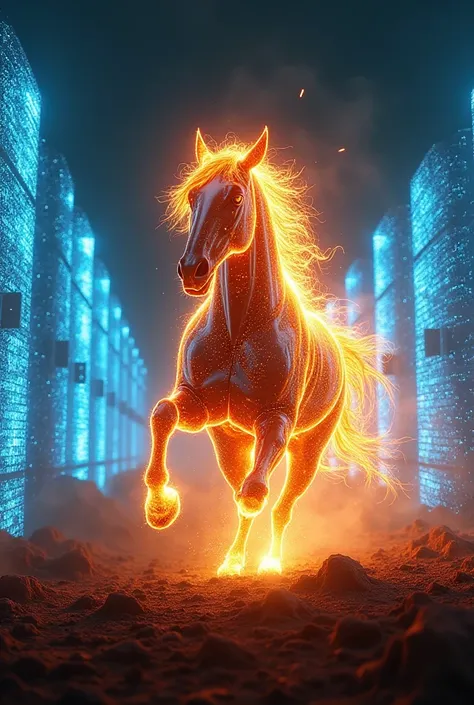 "A fierce, mystical horse with a body composed of shimmering digital flames gallops through a world of intense, glowing firewall-like barriers. Its mane and tail are made of crackling, fiery energy, resembling live wires and sparks. The horse’s hooves stri...