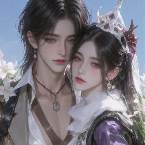 a couple， Relative View ，Drowning ，Height Difference。Characters dressed in Nakahara Border Prairie tribal style costumes， The costume is based on the characteristics of the prairie nomads 。 Male Black Long Hair ， Wheat Skin Color ， Beastbone Necklace ， Str...